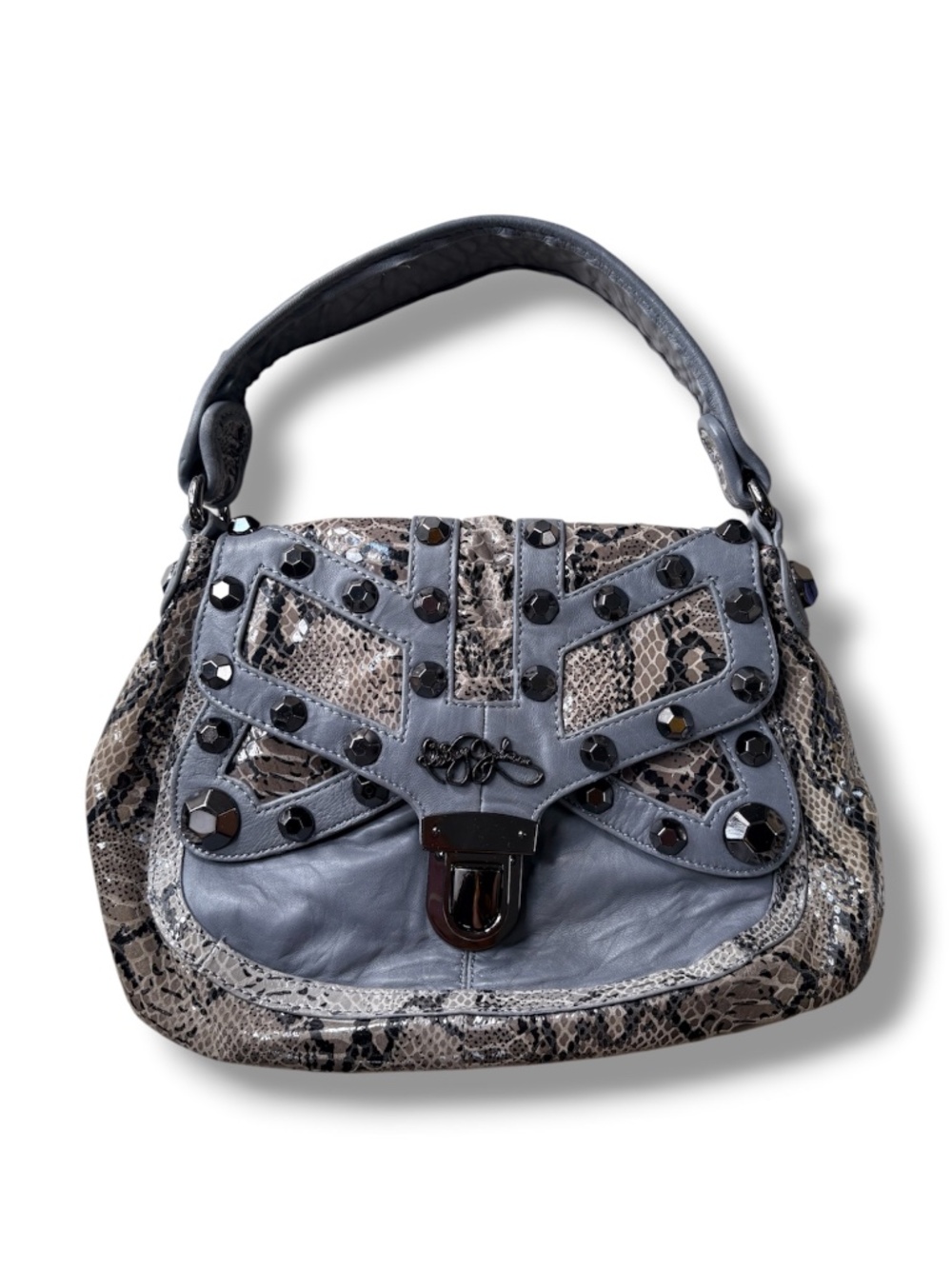 Vintage Betsey Johnson Gray Leather Hobo Bag – Snake Print & Studded Details